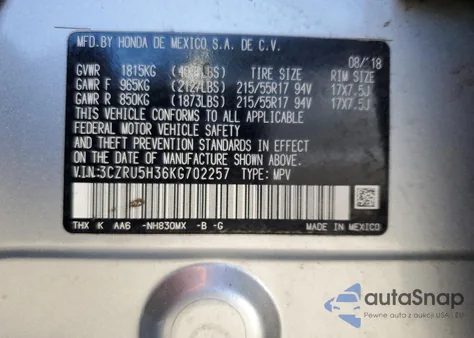 2019 Honda Hr-V Lx z USA, uszkodzony, nr VIN 3CZRU5H36KG702257